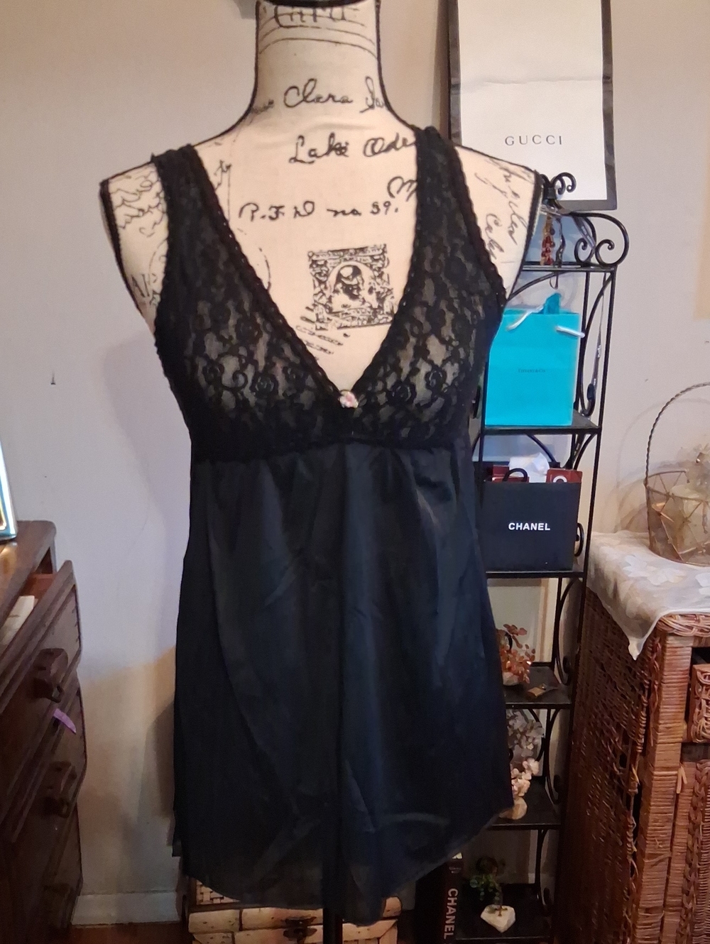 VINTAGE JCPENNEY Black Lace & Satin Women's Chemise - , Classic Sleepwear Sm/M